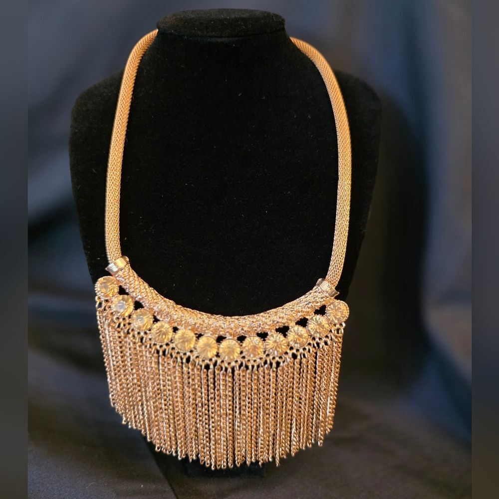 Vintage Style Gold Tone Rhinestone Tassel Bib Choker Necklace